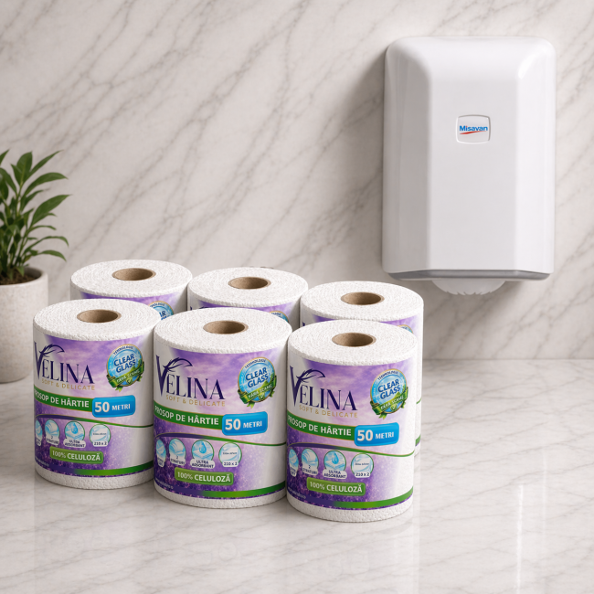 Bax 6 Role Prosop Bucatarie Velina 50m si Dispenser Misavan